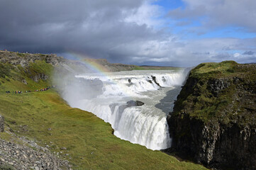Gullfoss - Golden Falls - on Iceland's Golden Circle route near Reykjavik under autumn cloudscape...