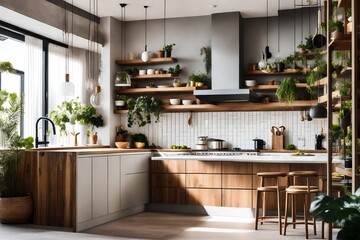 Stylish open space kitchen with accessories , plants and plates