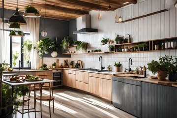 Stylish open space kitchen with accessories , plants and plates