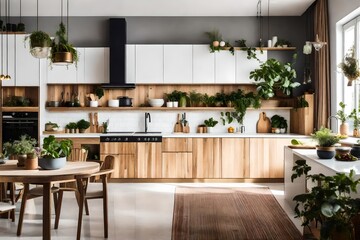 Stylish open space kitchen with accessories , plants and plates