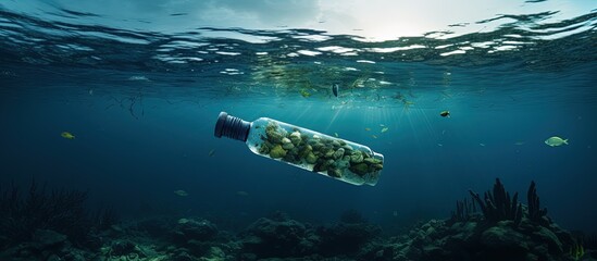 Underwater issue of plastic pollution depicted by floating bottle