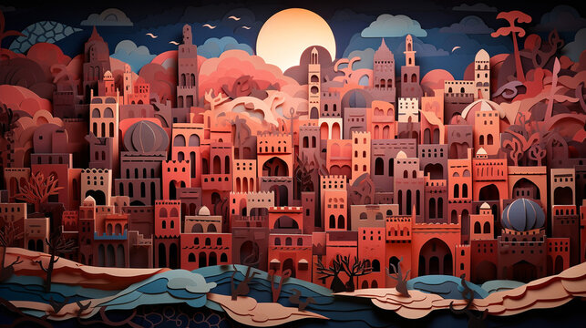 Fictional city in Morocco, reminiscent of Marrakech, with setting sun, in the style of silhouettes and layered paper