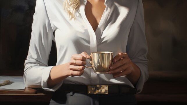 female businesswoman holding a golden color cup wearing modern jewelry