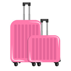 two pink plastic suitcases on a white background travel vacation