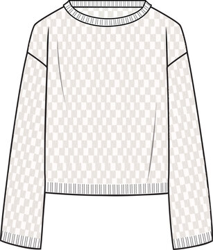 recommend clip art: Women's Crochet Jumper- Technical fashion illustration. Front, off-white color. Women's CAD mock-up.