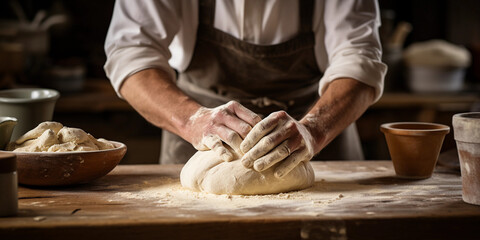 artisan baker's hands kneading sourdough on a flour - dusted wooden table, utensils and mixing bowls in the background, shallow depth of field