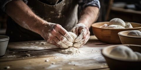 artisan baker's hands kneading sourdough on a flour - dusted wooden table, utensils and mixing bowls in the background, shallow depth of field - obrazy, fototapety, plakaty