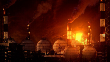gas or gasoline or LNG storage tanks on refinery or processing plant, not real design - abstract 3D illustration