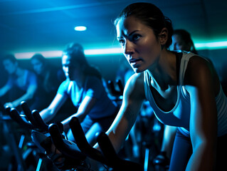 indoor cycling class, participants in sync, energetic mood, neon and ambient lighting, high contrast