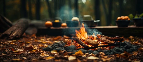 Foto op Plexiglas Autumn camping with campfire cooked food near a forest © AkuAku