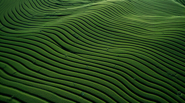 Aerial view illustration of green lines in open field. Abstract background of organic green lines in open field seen from above.