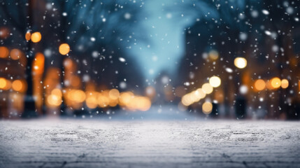 Fototapeta na wymiar Background blur city evening snow, Christmas winter, generative ai