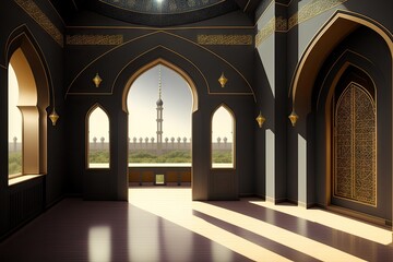 Fototapeta na wymiar Light rays from mosque window or door. Prayer's vision, generative ai. Muslim art.