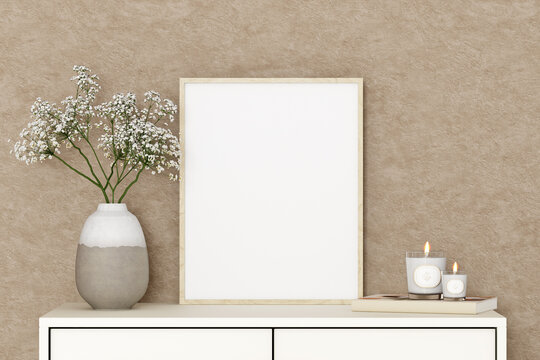 Mockup poster room with a window and flowers