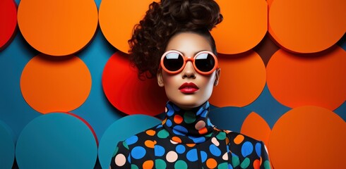 Fashion-forward young Latin woman channels the vibrant spirit of the 60s-70s disco era, standing...