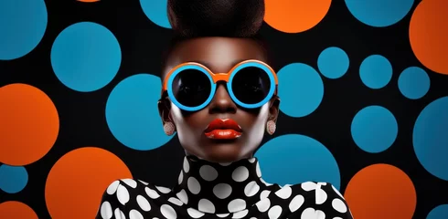 Zelfklevend Fotobehang Fashion-forward young black woman posing against a vibrant pop art background. Her stylish sunglasses and attire resonate with the groovy vibes of the 60s-70s disco club era. © StockWorld