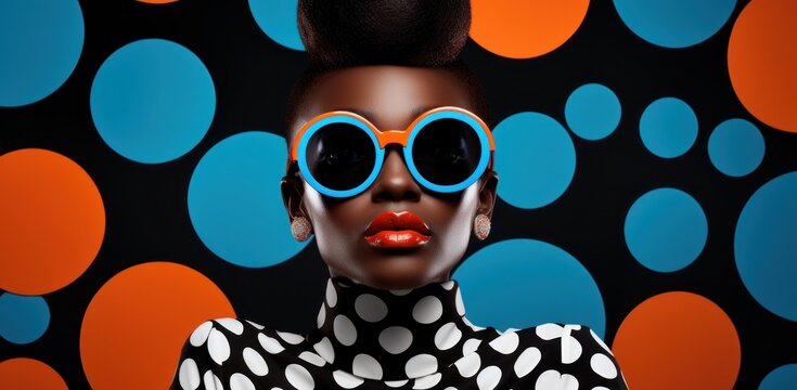 Fototapeta Fashion-forward young black woman posing against a vibrant pop art background. Her stylish sunglasses and attire resonate with the groovy vibes of the 60s-70s disco club era.