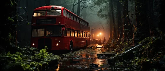 Rucksack red bus double decker london post apocalypse landscape game wallpaper photo art illustration rust © Wiktoria