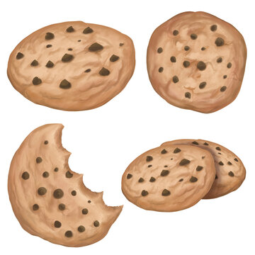 set de ilustraciones de galleta mordida con chispas de chocolate. Bocados de galletas dulces. Pasteler&radic;&ne;a casera