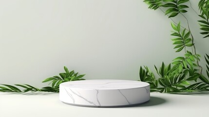 Podium background 3D white marble stand display platform mockup. Stone podium scene summer background 3D render product stage presentation green pedestal plant rock leaf art abstract. Generative AI