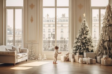 a small toddler in white clothes decorating a christmas tree in a luxurious living room with...