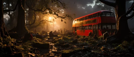 Fototapete Londoner roter Bus red bus double decker london post apocalypse landscape game wallpaper photo art illustration rust