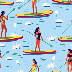 Woman on a SUP board on the lake among water lily flowers SUP boarding sports summer seamless vector pattern in a flat cartoon style