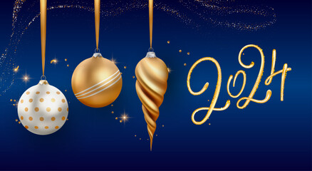 3d Golden Christmas decoration 2024 New Year realistic ball render shiny greeting holiday background