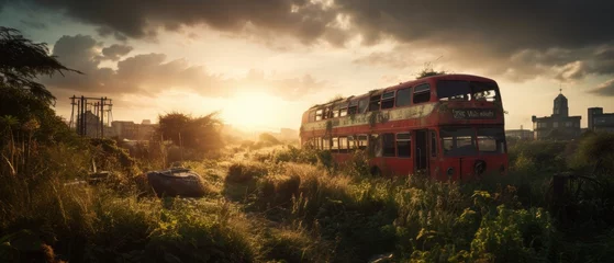Afwasbaar Fotobehang Londen rode bus red bus double decker london post apocalypse landscape game wallpaper photo art illustration rust