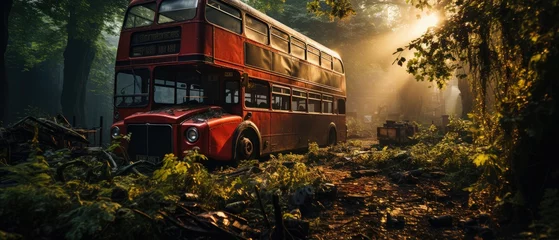 Foto op Canvas red bus double decker london post apocalypse landscape game wallpaper photo art illustration rust © Wiktoria