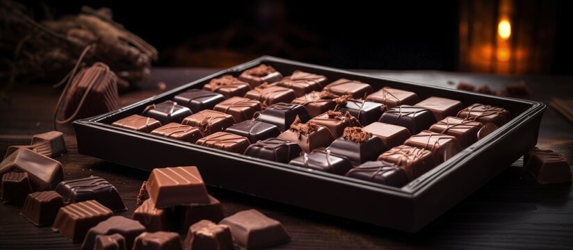 Handmade chocolates on table Open chocolate box