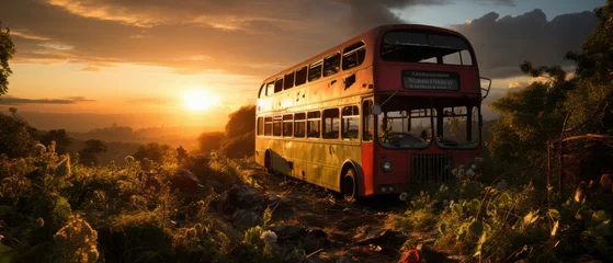 Keuken foto achterwand Londen rode bus red bus double decker london post apocalypse landscape game wallpaper photo art illustration rust