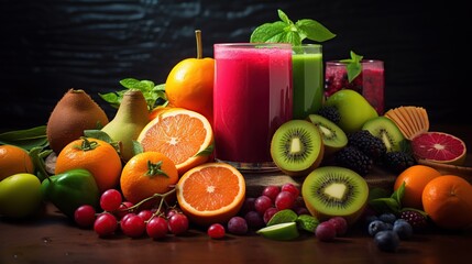 fruit cocktails on the background of bottles with fruits and juices