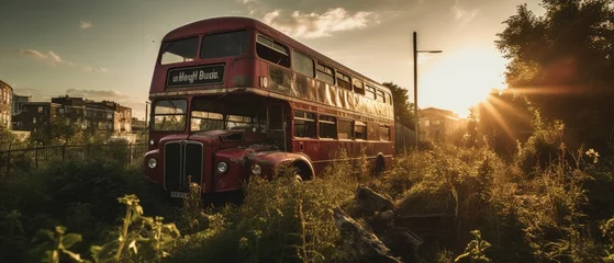 Fotobehang red bus double decker london post apocalypse landscape game wallpaper photo art illustration rust © Wiktoria