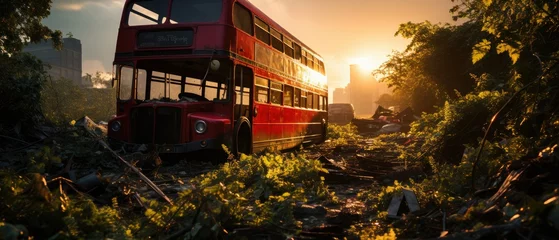 Fototapeten red bus double decker london post apocalypse landscape game wallpaper photo art illustration rust © Wiktoria