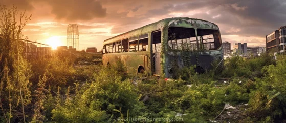 Foto op Canvas red bus double decker london post apocalypse landscape game wallpaper photo art illustration rust © Wiktoria
