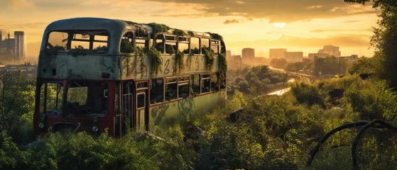 Behangcirkel red bus double decker london post apocalypse landscape game wallpaper photo art illustration rust © Wiktoria