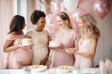 Joyful friends, a diverse group of women, celebrate a bachelorette pajama party at home with gifts and cake.