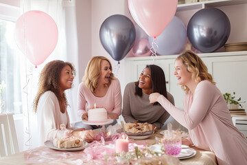 Joyful, diverse group of friends celebrating indoors with laughter, a beautiful cake, and drinks, while a pregnant mother enjoys.