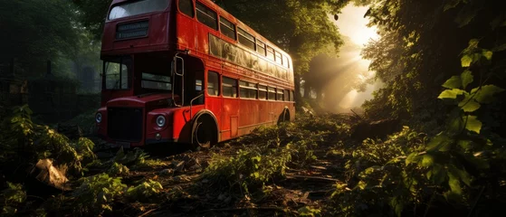Muurstickers red bus double decker london post apocalypse landscape game wallpaper photo art illustration rust © Wiktoria