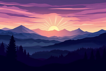 Nature illustration flat design. Beautiful sunset view with forest and mountain in the nature illustration background - Powered by Adobe