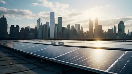 Urban embrace of sustainability as a solar panels graces the rooftop of a NYC building, harnessing clean and renewable energy, while offering views of Manhattan skyline.