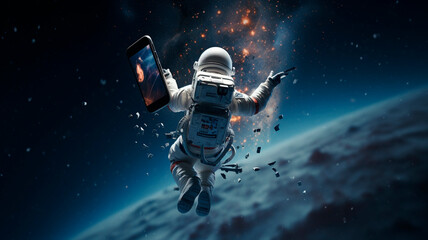 photo of a smartphone working in space, an indicator of maximum protection of your device, for any conditions. Generative AI 