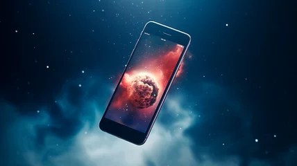 Photo sur Aluminium Univers photo of a smartphone working in space, an indicator of maximum protection of your device, for any conditions. Generative AI 
