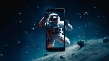photo of a smartphone working in space, an indicator of maximum protection of your device, for any conditions. Generative AI - obrazy, fototapety, plakaty