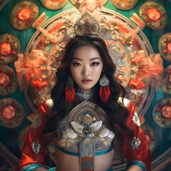 Asian woman stands serenely beside vibrant, psychedelic mandalas inspired by Tibetan Buddhism, creating a harmonious fusion of cultural diversity, inner peace, and aesthetic grace.