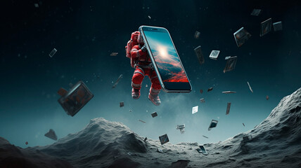 photo of a smartphone working in space, an indicator of maximum protection of your device, for any conditions. Generative AI - obrazy, fototapety, plakaty