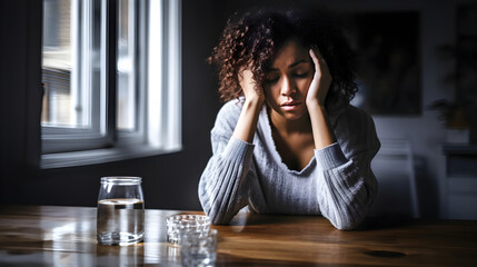Young mixed ethnicity woman feeling sad and depressed, alone in her apartment. - obrazy, fototapety, plakaty
