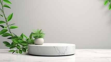 Podium background 3D white marble stand display platform mockup. Stone podium scene summer background 3D render product stage presentation green pedestal plant rock leaf art abstract. Generative AI