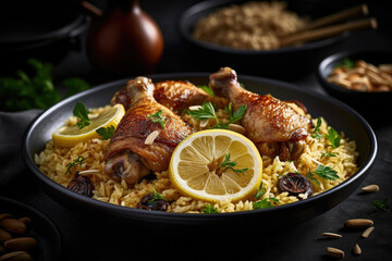 Plate of chicken with lemon and garlic on top, Generative AI
